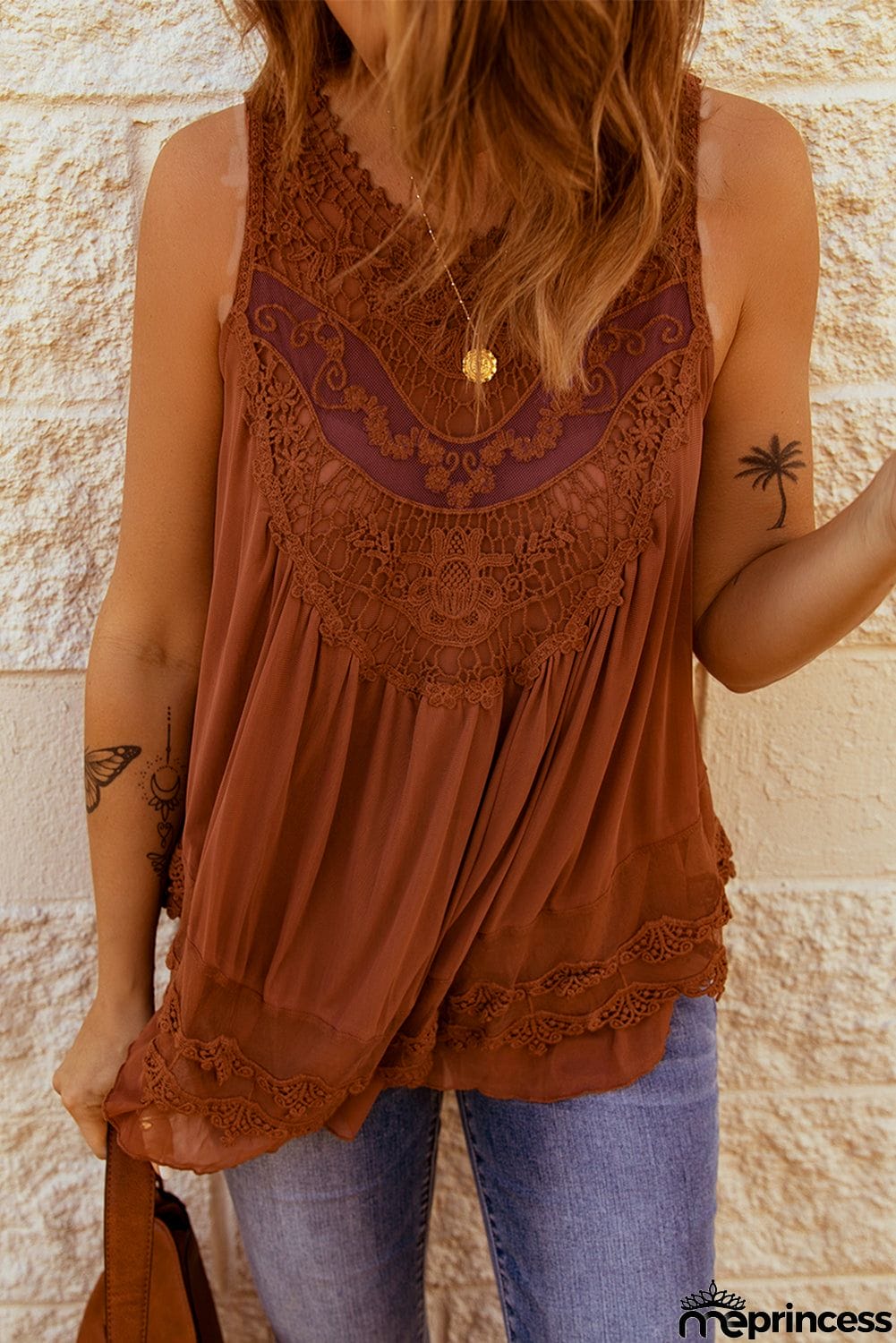 Lace Detail Buttons Back Sleeveless Top