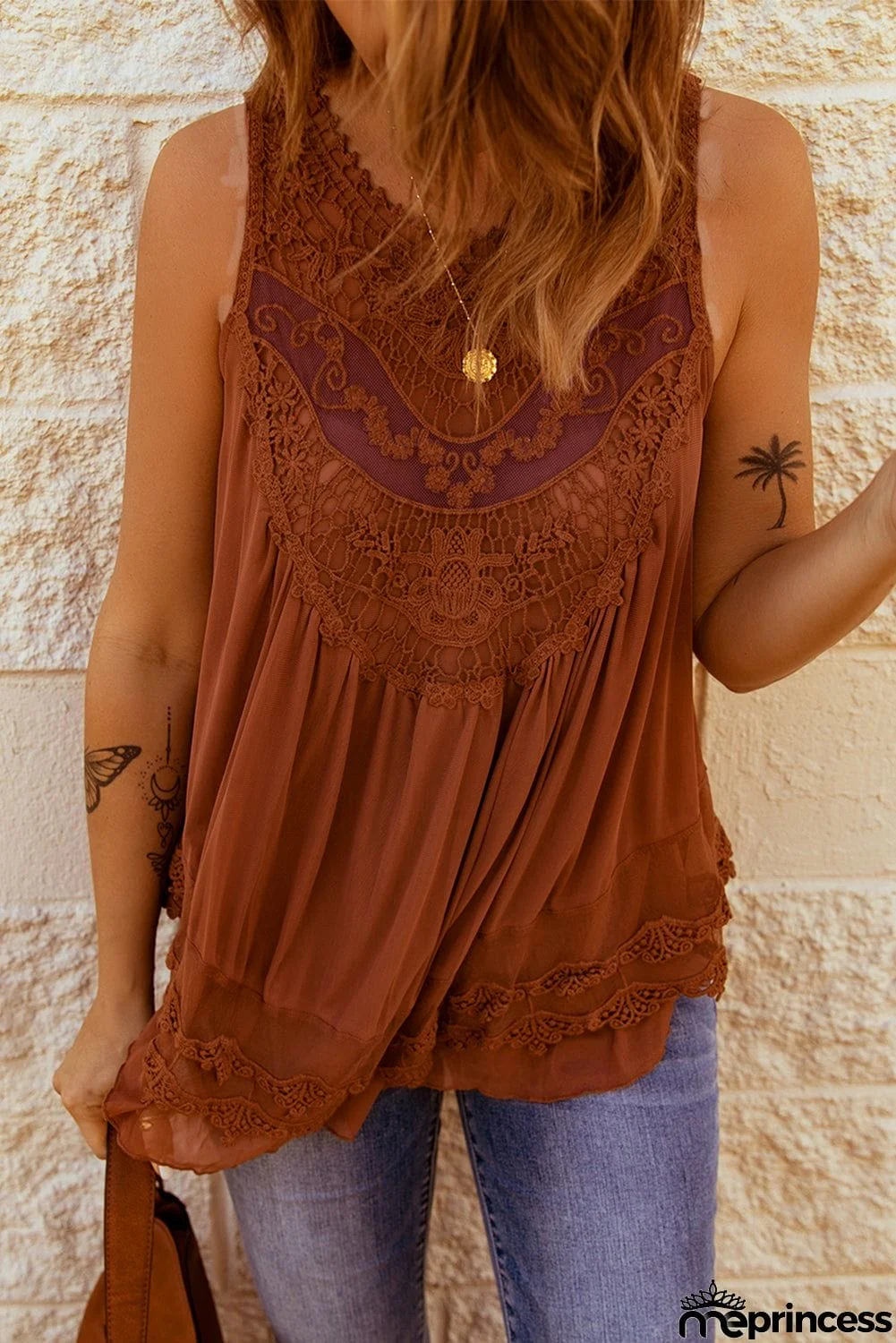 Lace Detail Buttons Back Sleeveless Top