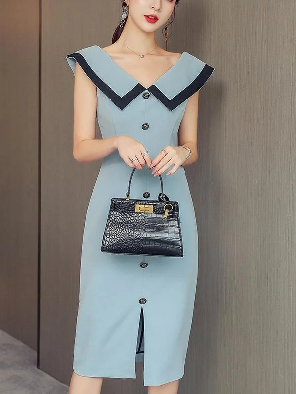 Fashion blue mid-length bag hip sexy dress