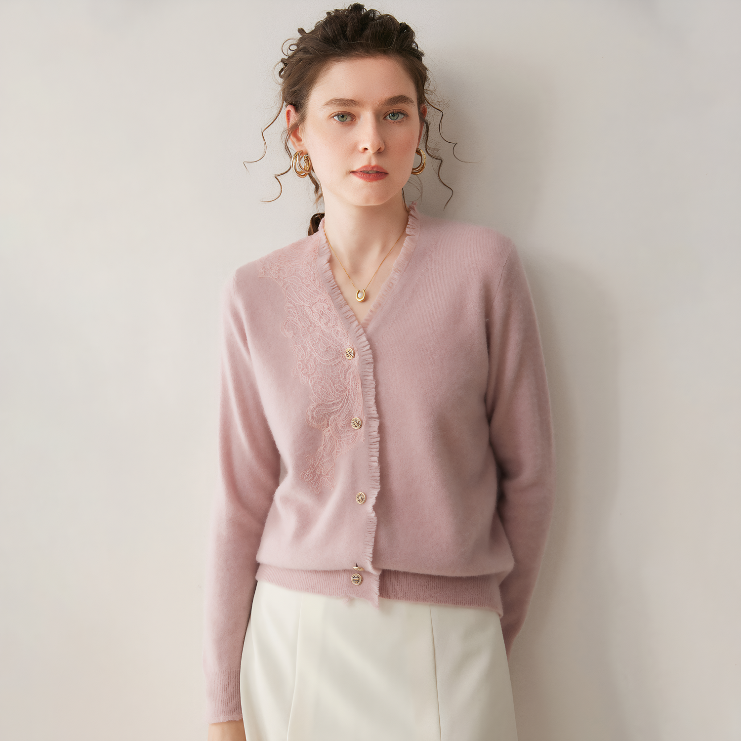 Women's Raw Edge V-Neck Knit Cashmere Cardigan REAL SILK LIFE