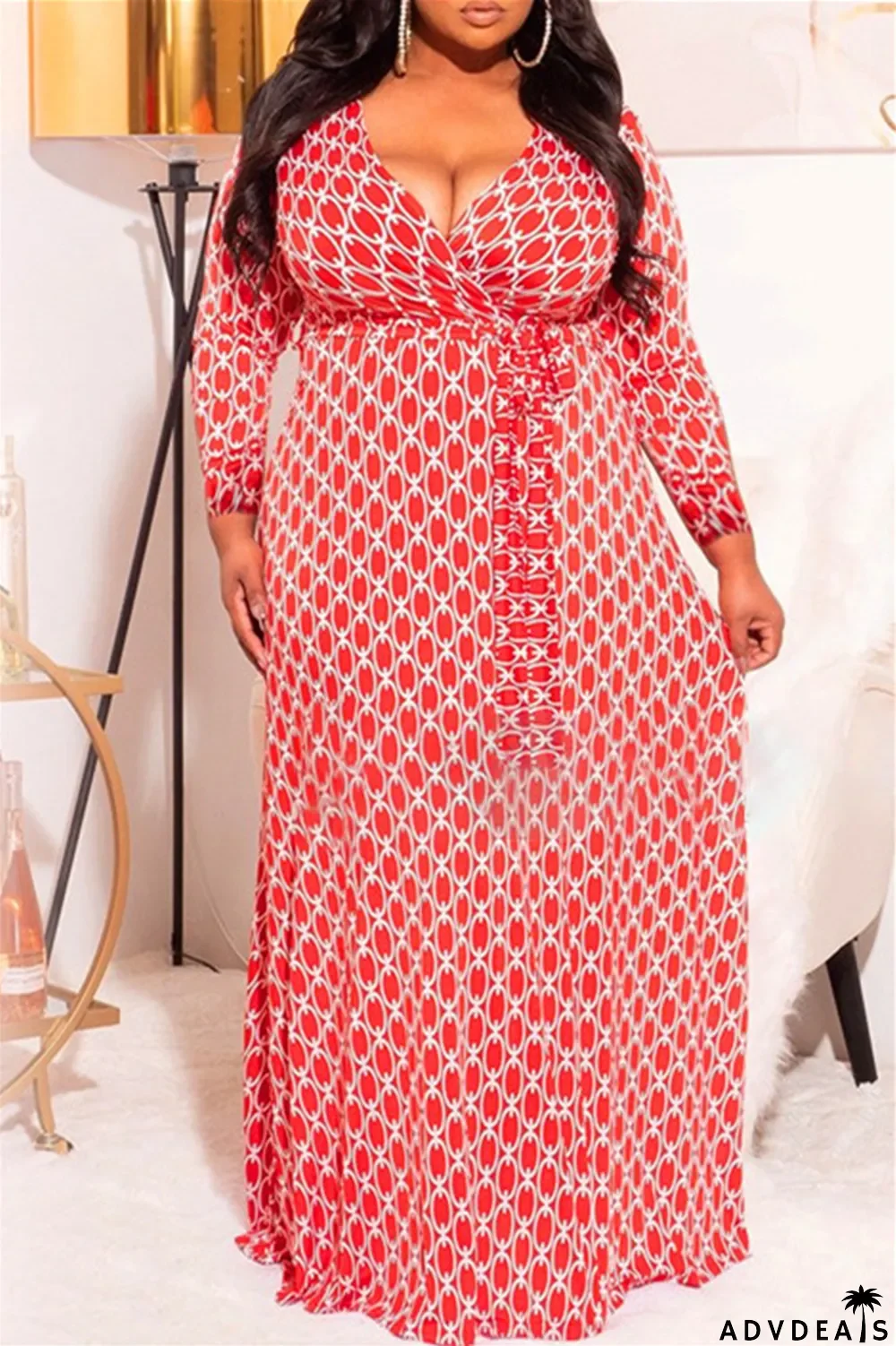 Leopard Print Fashion Casual Plus Size Print With Belt V Neck Long Sleeve Dresses