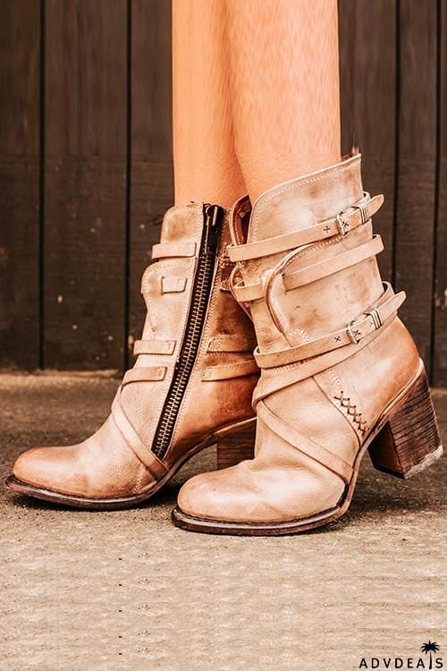 Vintage Buckle Zipper Mid-Calf Boots