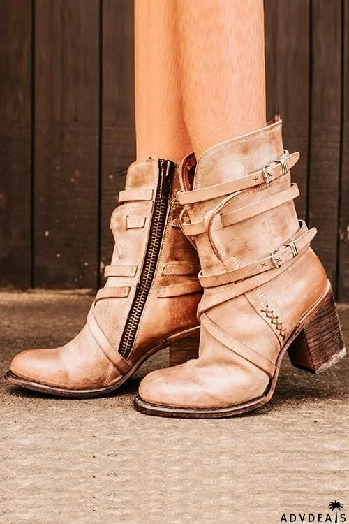 Vintage Buckle Zipper Mid-Calf Boots