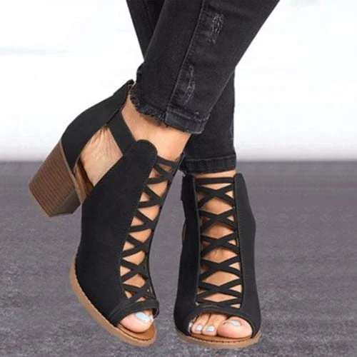 2020 Women Square Heel Sandals Peep Toe Hollow Out Chunky Gladiator Sandals With Strap Black Spring Summer Shoes HVT791