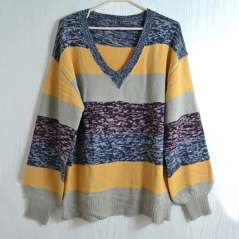 Fitshinling Multi Color Striped V Neck Sweater Women Clothing Fashion Winter Sweaters And Pullovers Knitwear Jumpers Vintage