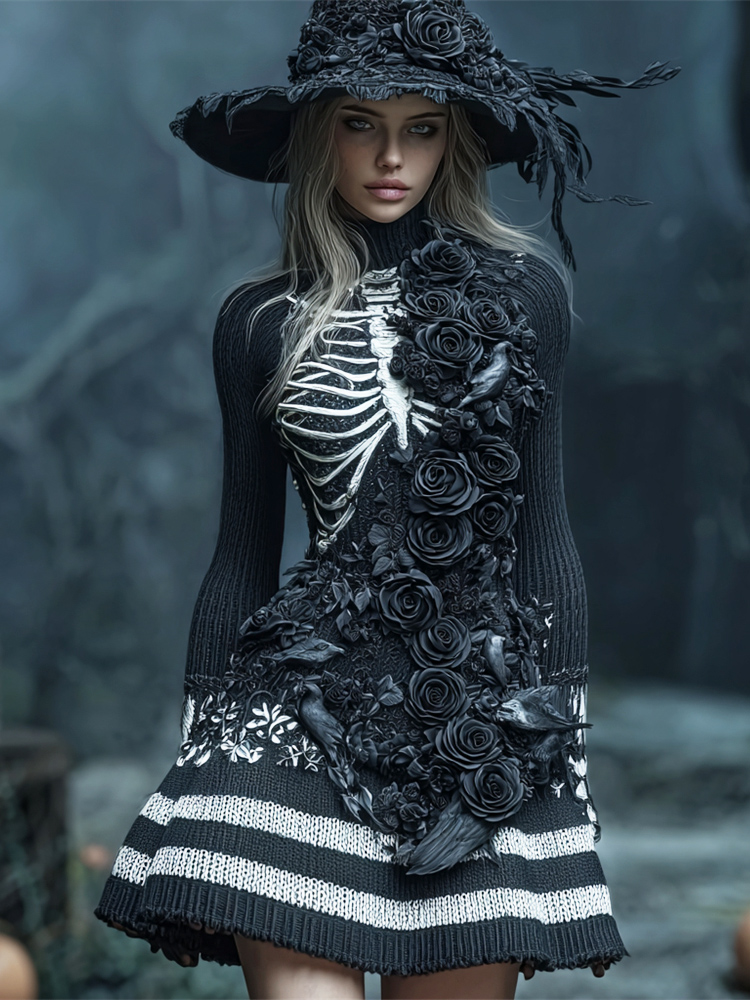 Comstylish Halloween Crow Feather & Dark Floral Art Women's Knit Turtleneck Mini Dress