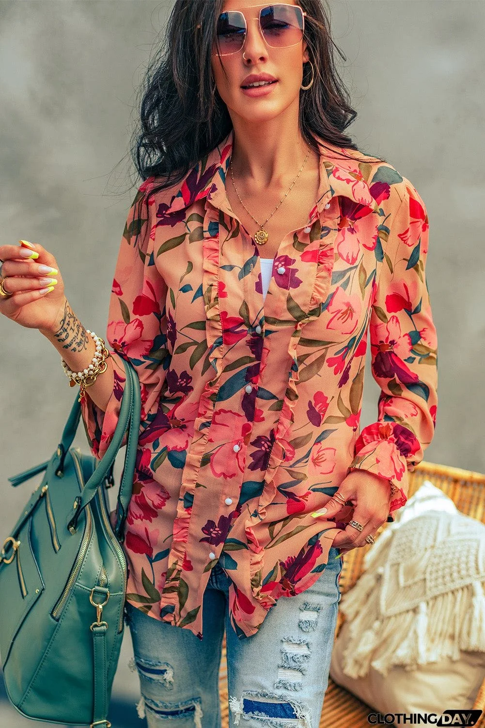 Floral Print Ruffled Long Sleeve Shirt