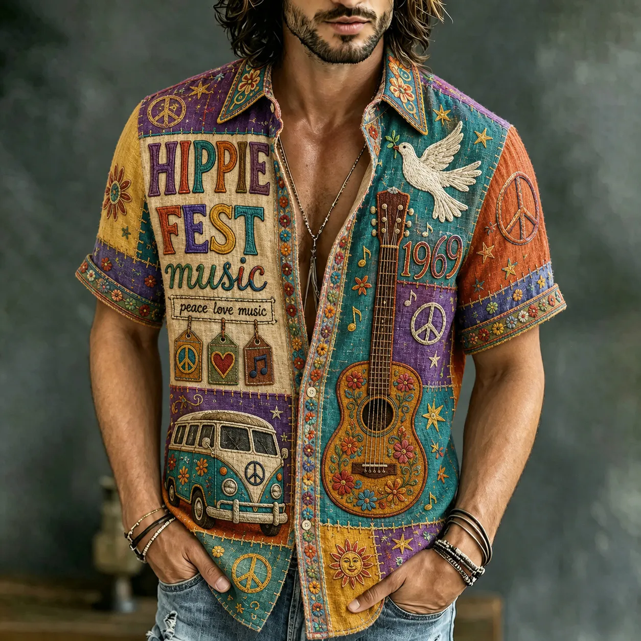 Comstylish Men's Retro Bohemian Hippie Style Floral Patchwork Print Short-sleeve Shirt