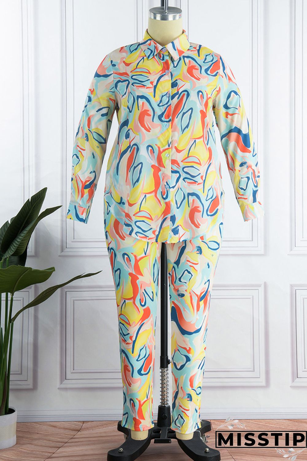 Orange Yellow Casual Print Patchwork Turndown Collar Plus Size Two Pieces