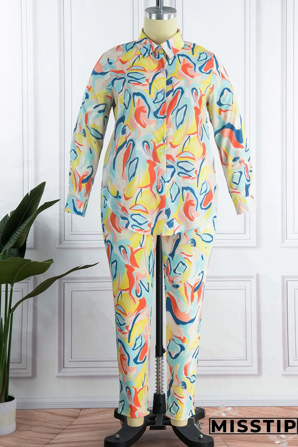 Orange Yellow Casual Print Patchwork Turndown Collar Plus Size Two Pieces