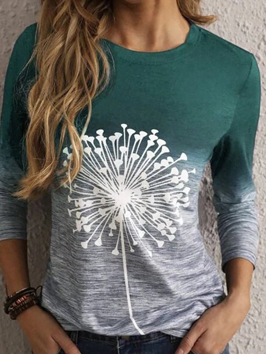 Women's Ombre Dandelion Print Long Sleeve T-Shirts