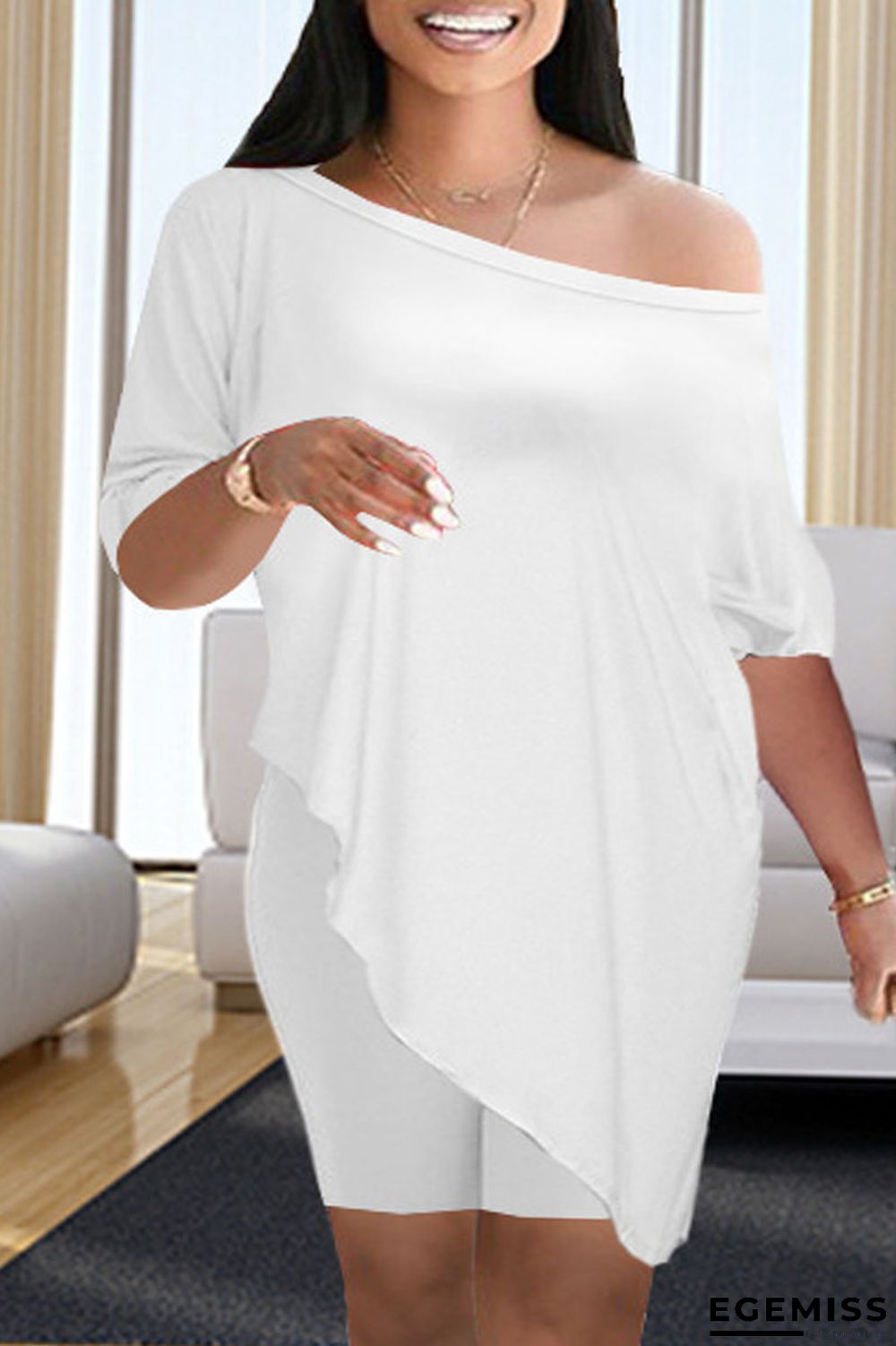 White Fashion Casual Solid Asymmetrical Oblique Collar Half Sleeve Two Pieces | EGEMISS