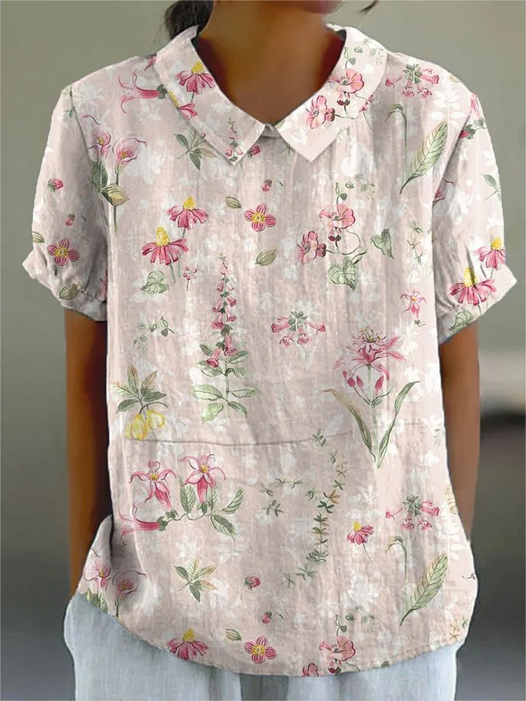 Women's Flower Print Casual Cotton And Linen Shirt