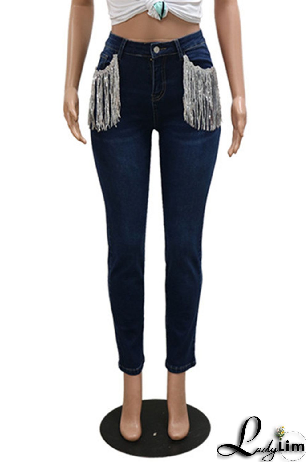 Light Blue Fashion Casual Solid Tassel Patchwork Mid Waist Skinny Denim Jeans