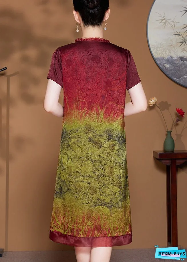 Red Print Pockets Silk Dress O-Neck Short Sleeve