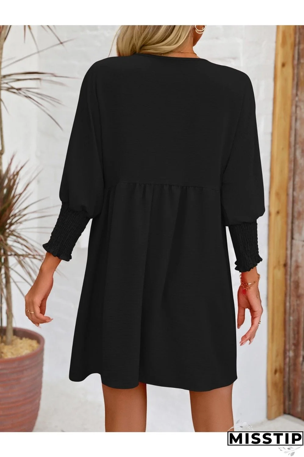 Round Neck Lantern Sleeve Mini Dress