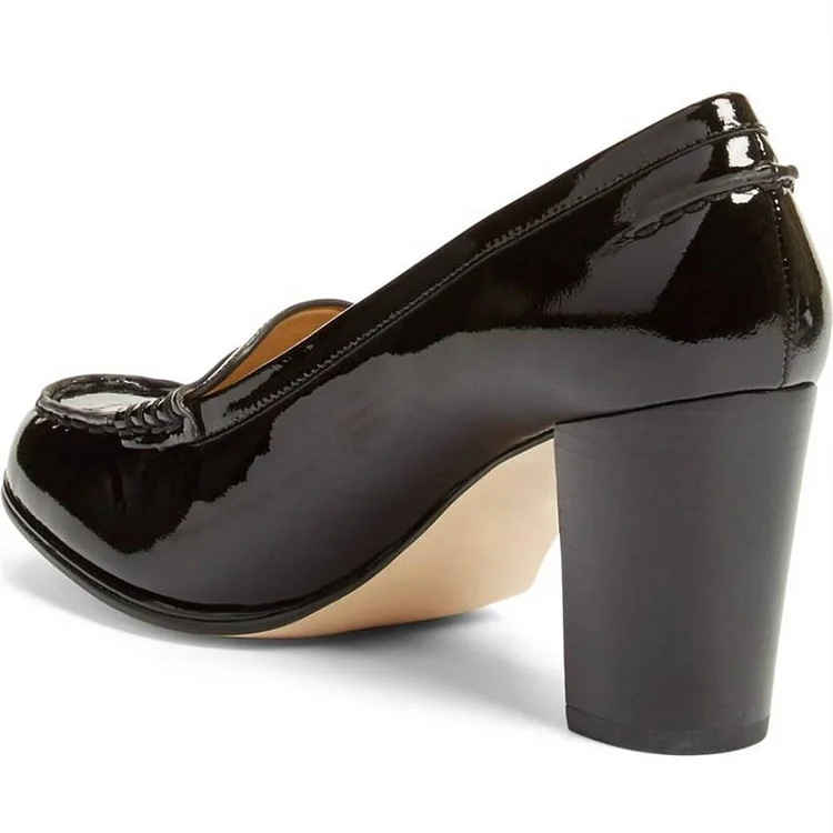 Black Round Toe Block Heel Patent Leather Loafers for Women |FSJ Shoes