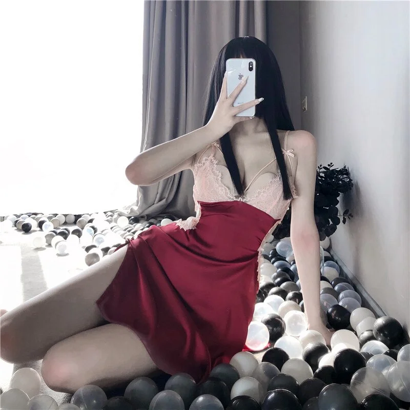 Billionm 4 Colors Womens Chemise Flower Lace Full Slips Nightgown Sling Sleeveless Sexy Onepiece Dress Thong V-Neck Lace Lingerie Female