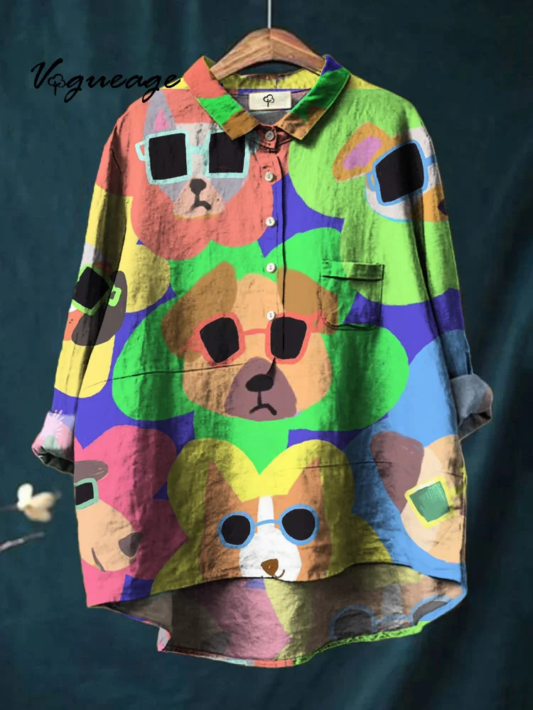 Colorful Flowers Dog Print Cotton And Linen Shirt