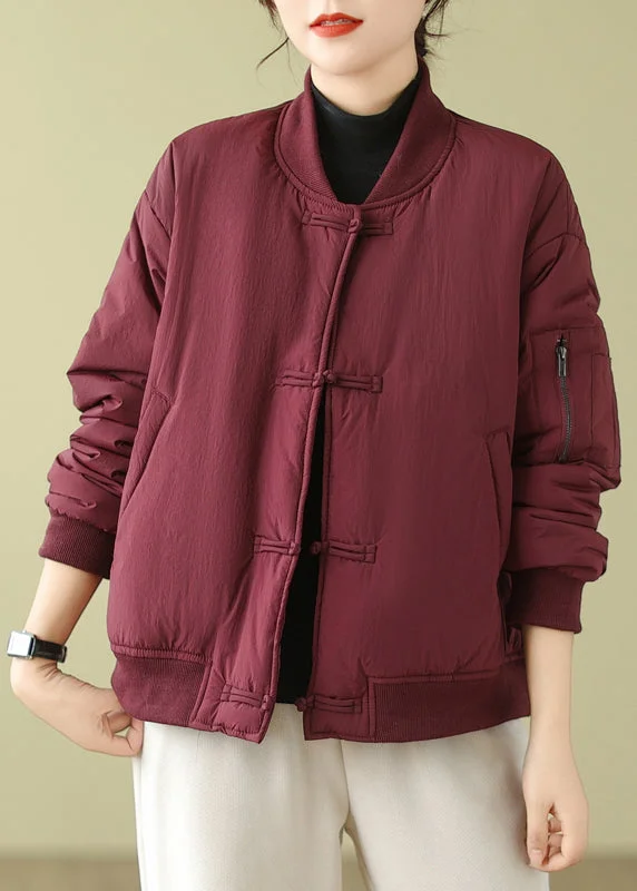 Wine Red Pockets Patchwork Cotton Filled Parka Stand Collar Winter