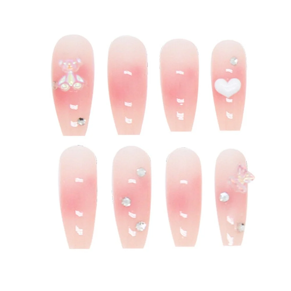 24pcs Ballet Fake Nails Coffin Head Pink Color Press On Nail Art tips with 3D Heart And Bow Design French Style Girl False Nails-Nail Inspo