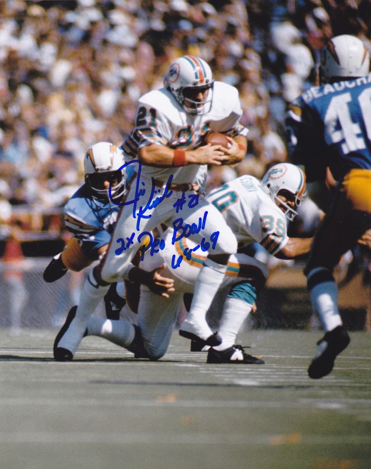 JIM KIICK MIAMI DOLPHINS 2 X PRO BOWL 68-69 ACTION SIGNED 8x10