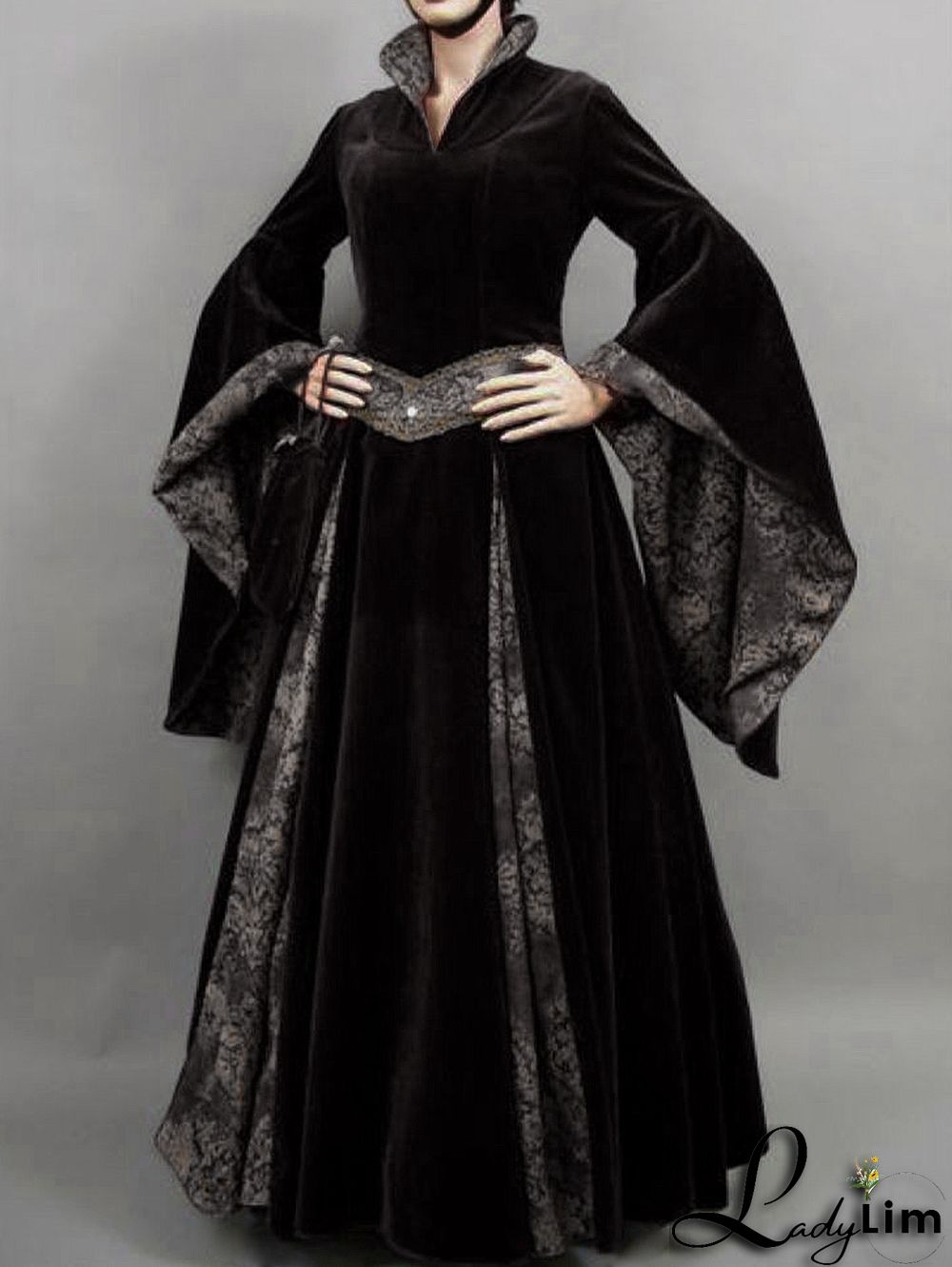 Elegant Floral Patchwork Stand Collar Flare Sleeve Velvet Maxi Dress