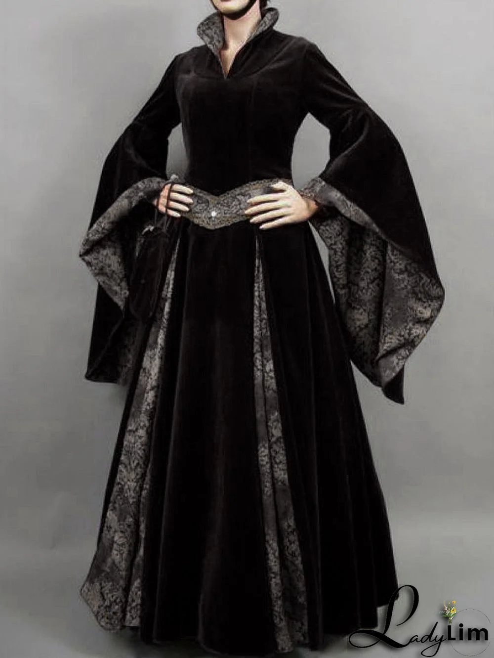 Elegant Floral Patchwork Stand Collar Flare Sleeve Velvet Maxi Dress