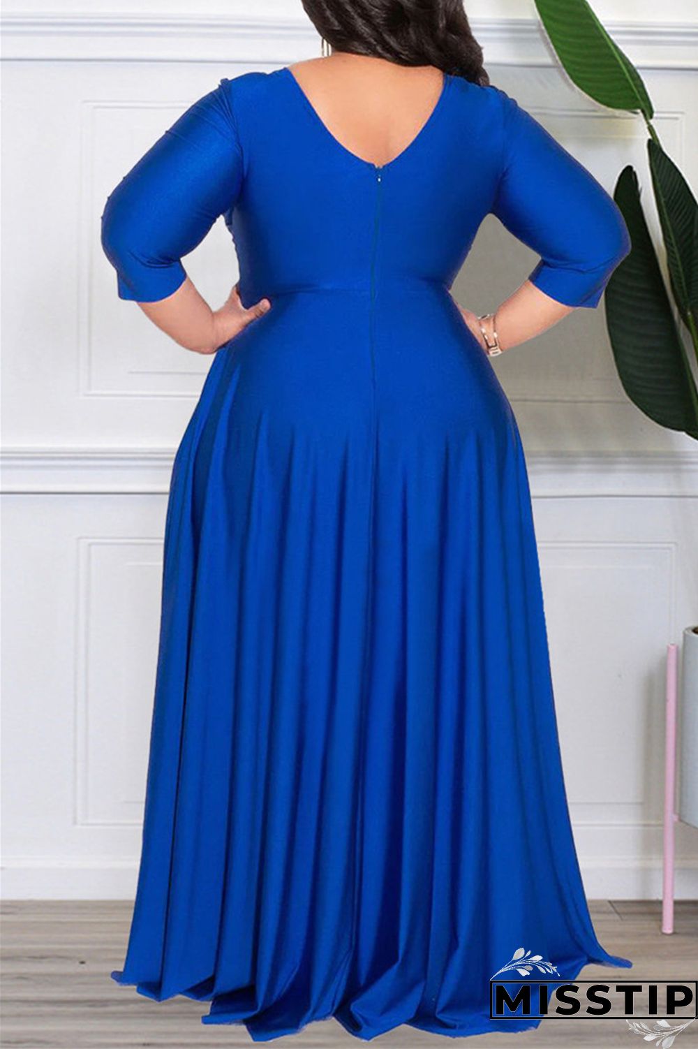 Dark Purple Casual Solid Patchwork V Neck Long Sleeve Plus Size Dresses