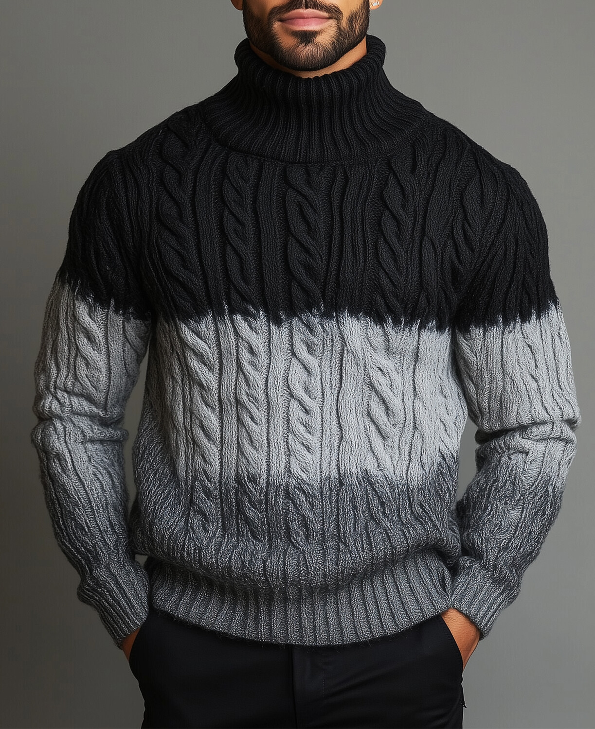 Okaywear Color Blocks Turtleneck Long Sleeve Cable Knit Sweater