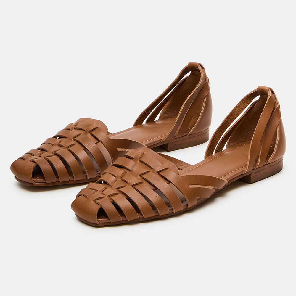 Vegan Leather Hollow-Out Closed Toe Brown Flat Sandals for Women Nicepairs