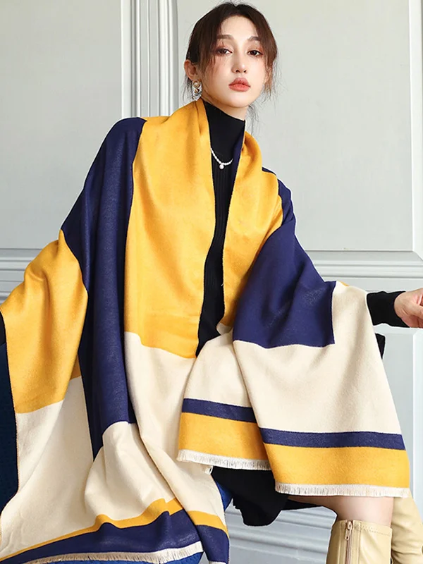 Simple Imitated Cashmere Striped Contrast Color Shawl&Scarf