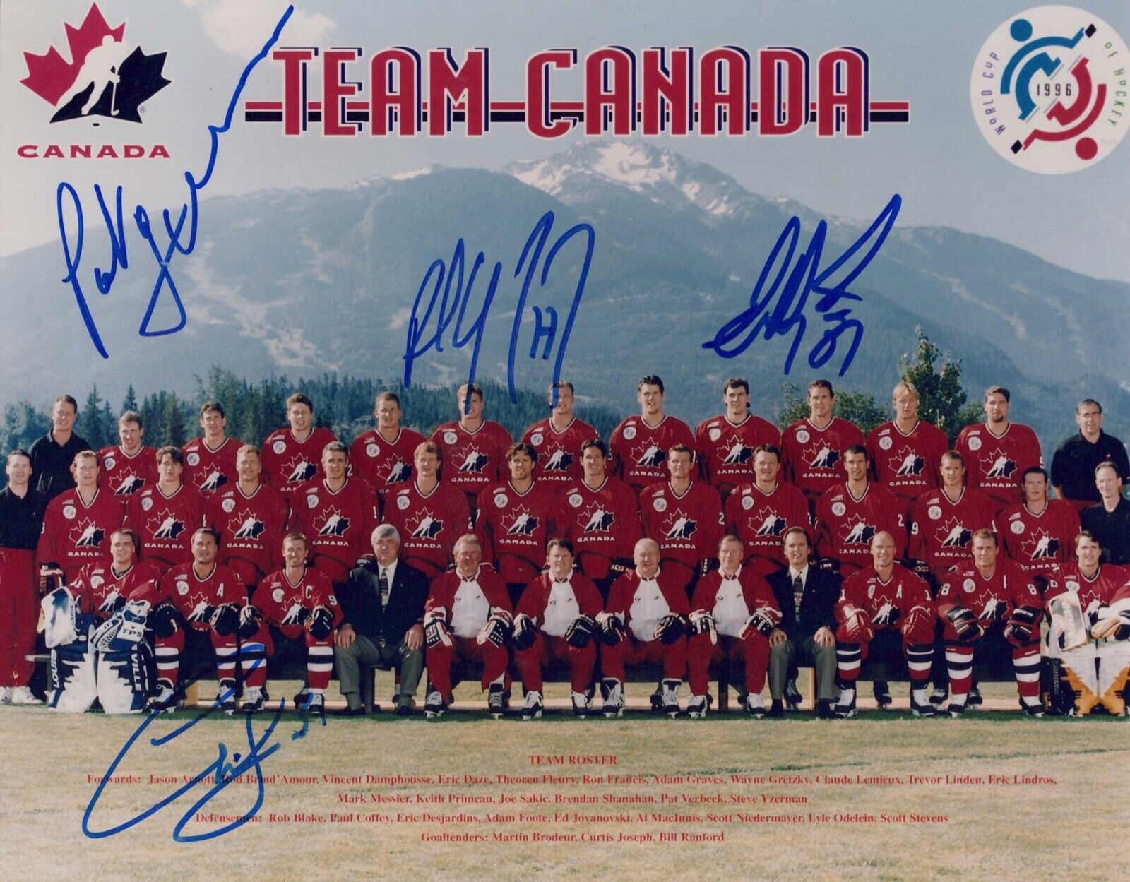 PAUL COFFEE, CURTIS JOSEPH +2 signed 1996 TEAM CANADA WORLD CUP HOCKEY Photo Poster painting COA