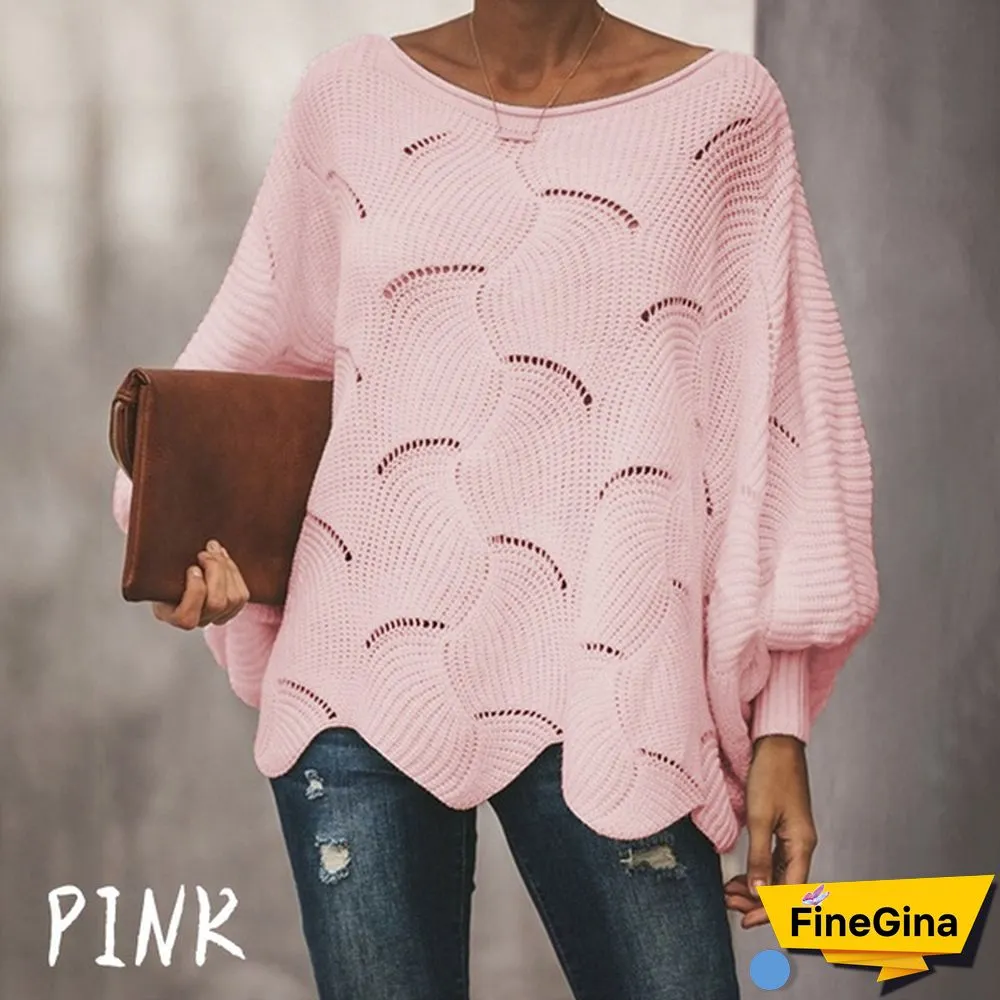 Women Plus Size Fashions Pure Color Hollow Out Bat Sleeve Loose Sweaters Ladies Autumn Winter Pullovers Tops S-5XL