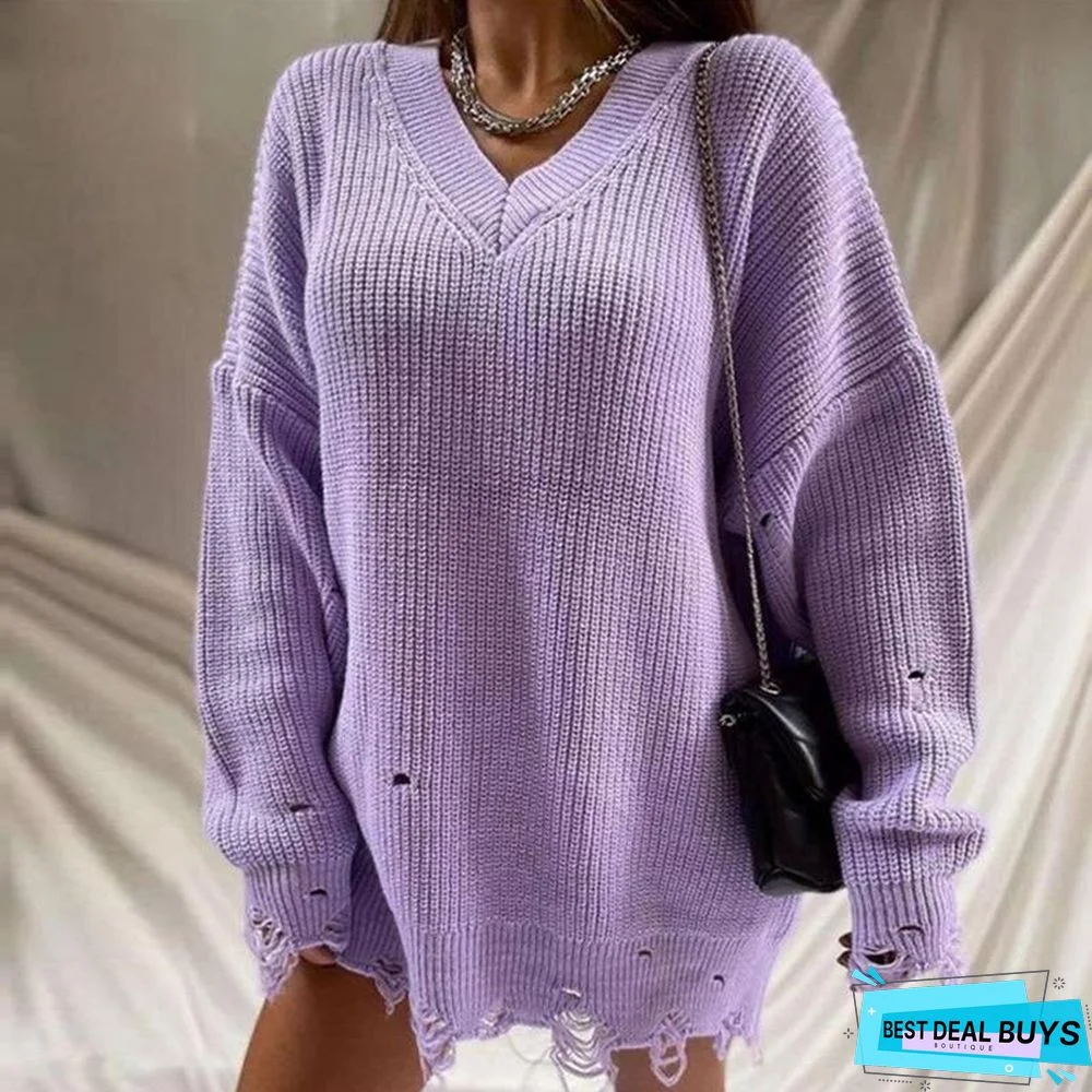 Loose Solid Color Hole Sweater Round Neck Pullover Long Sleeve Sweater