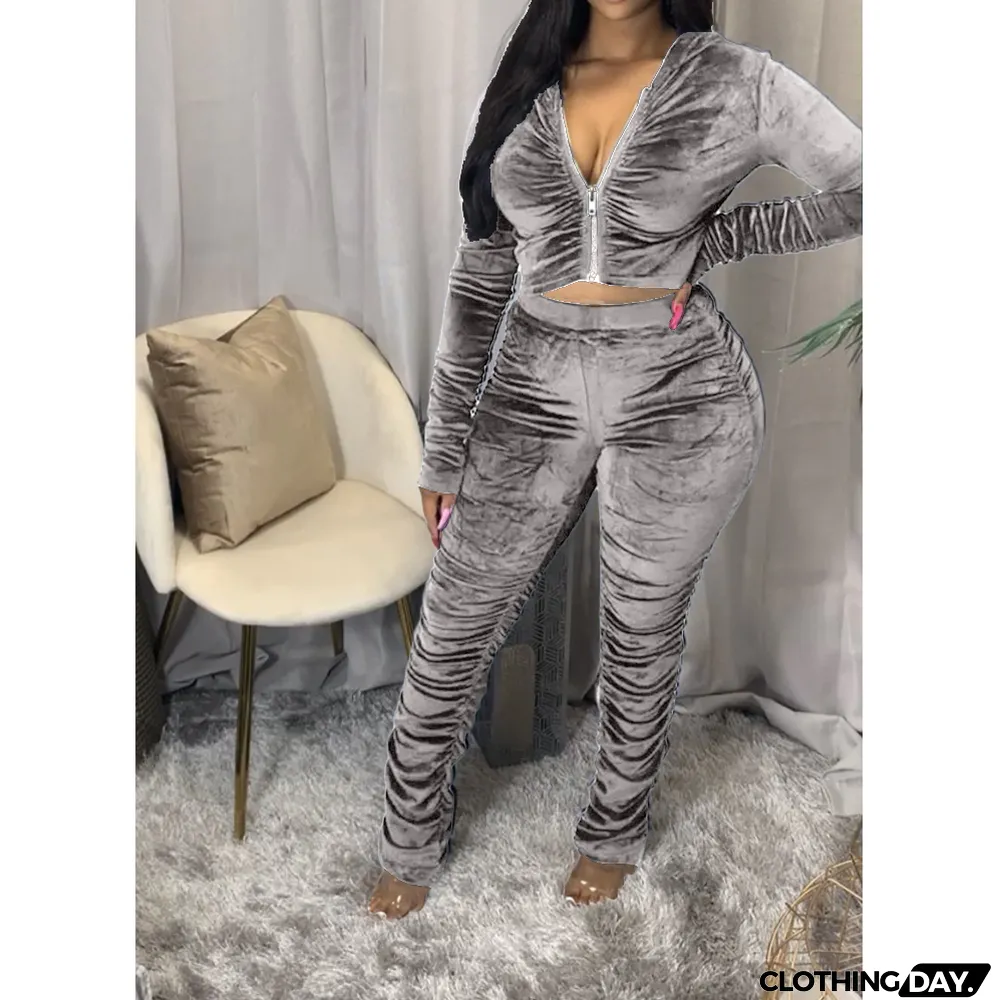 Velvet Pleated Zipper Hooded Jacket Skinny Pants Suit