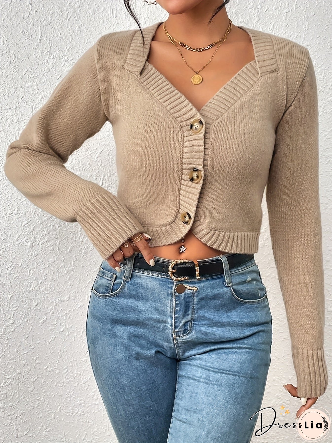 Solid Button Front Knit Cardigan, Casual Long Sleeve Crop Sweater, Women's Clothing