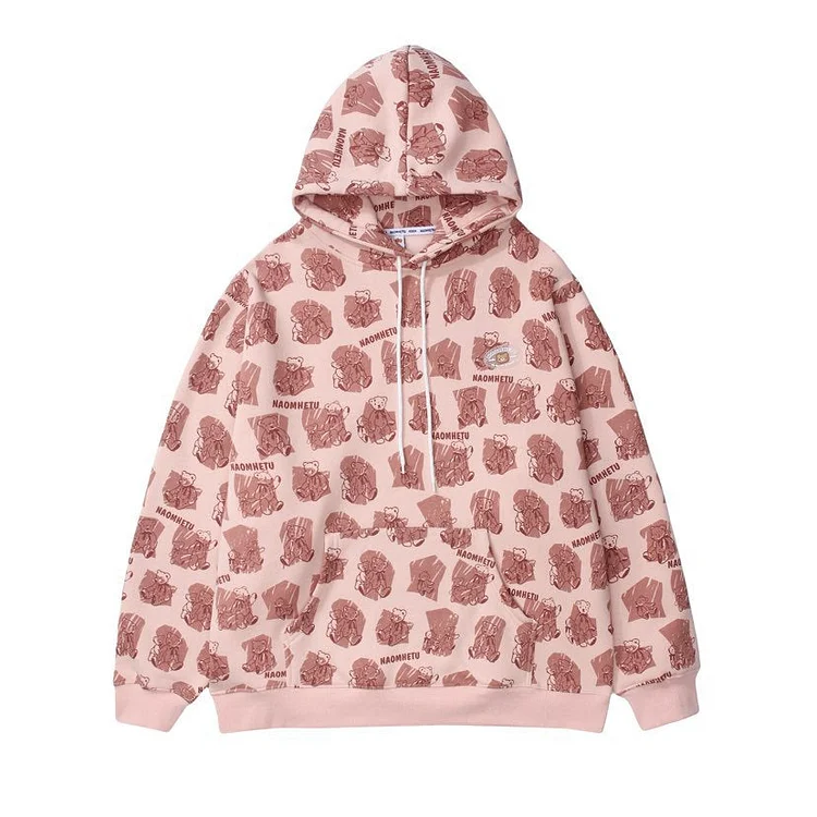 Man Fall Winter Outfis Winter Bear Full Printed Hooded Thick Sweatshirt Men's Loose Coat