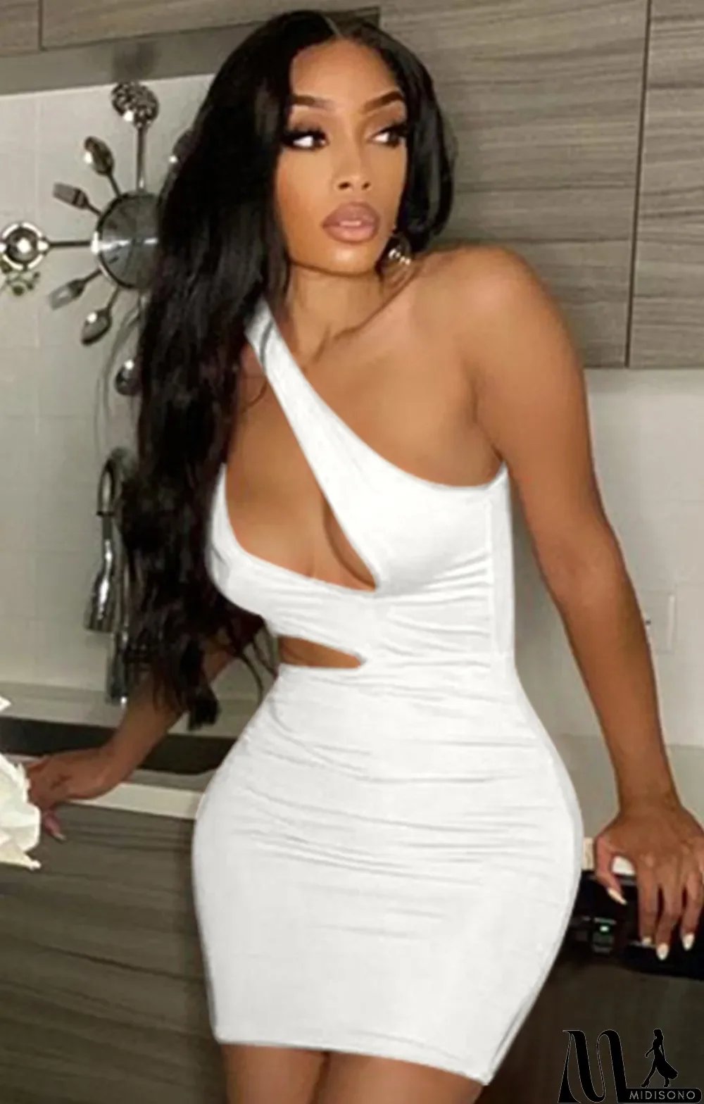 MidiSono - Summer Party White Sexy Cut Out One Shoulder Mini Bodycon Dress
