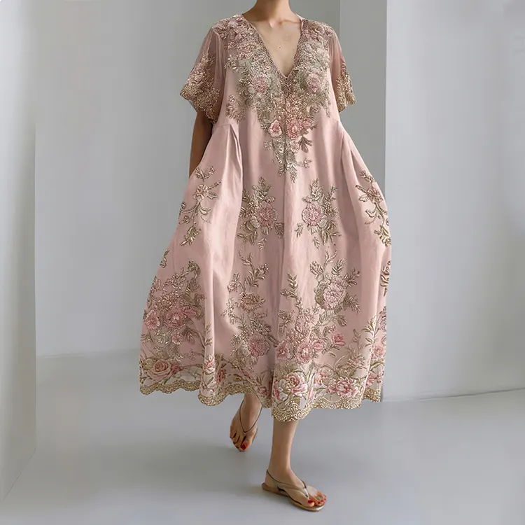 Women's Vintage Rose Art Print V Neck Flowy Linen Blend Midi Dress