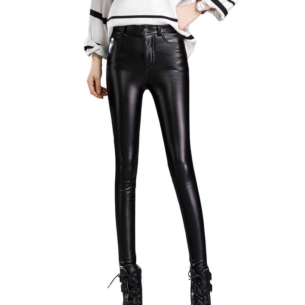 Women PU Leather Pants Bright Black Skinny Trousers Slim Hip Leggings High Waist New Autumn Female Elastic Tight Pencil Pants