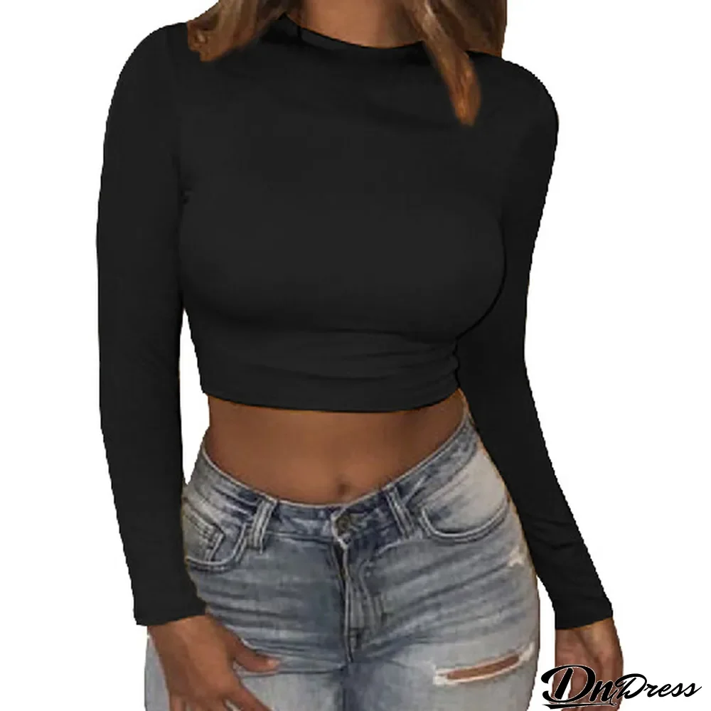 Women's Summer Sexy Slim Simple Solid Color Slim Fit Crop Long Sleeve T-Shirt Women