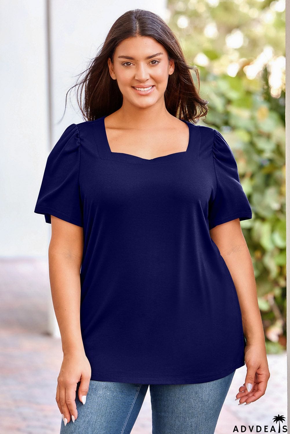 Plus Size Square Neck Puff Sleeve Tee