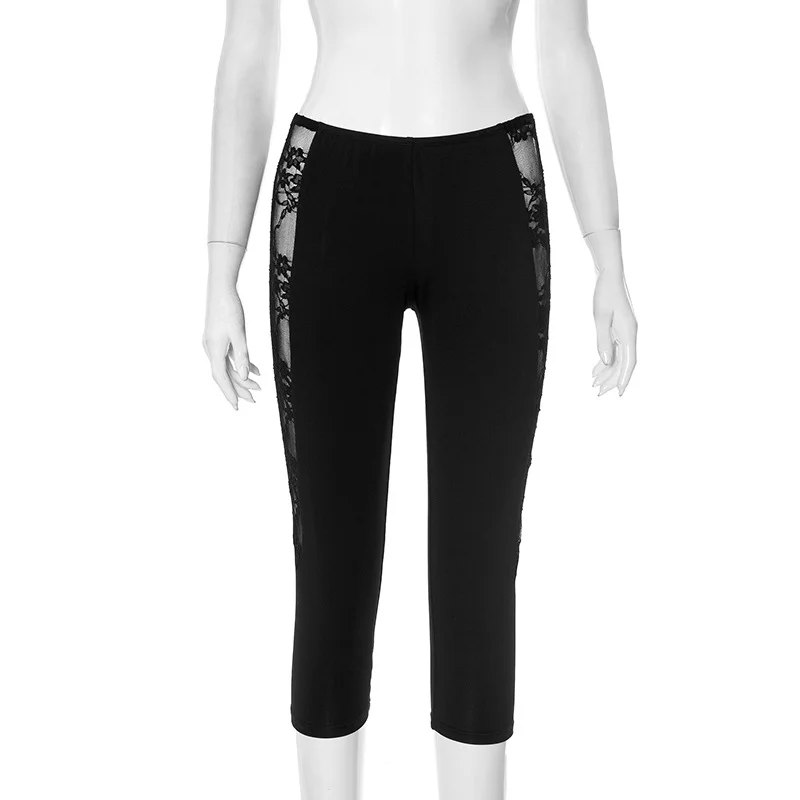 Uveng Uveng Women's Spring And Summer Low-Waist Net Yarn Lace Perspective Kit Hips Solid Seven-Point Casual Pants