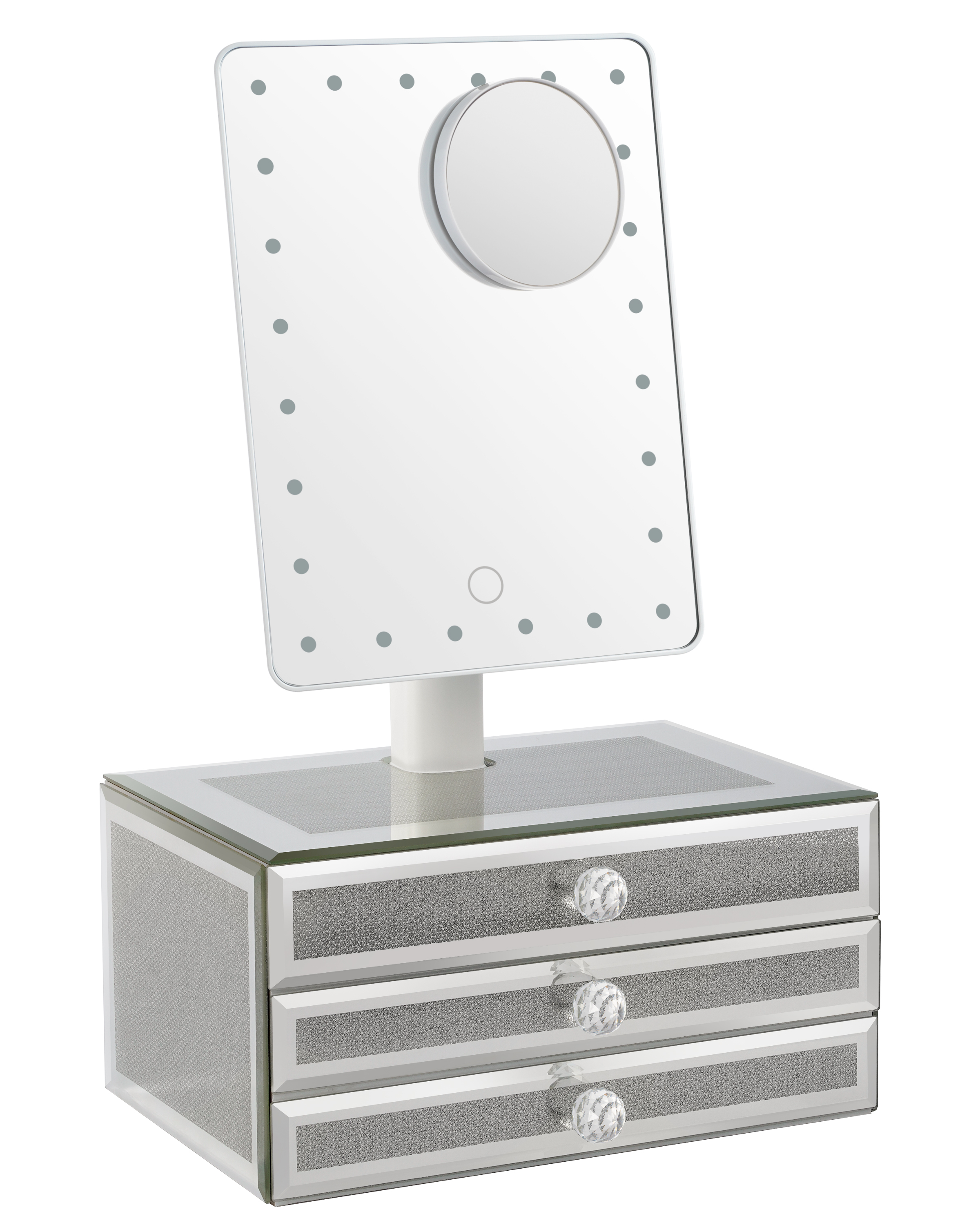 Star Vision 2-in-1 Lighted Makeup Mirror with Glass Jewelry Organizer, Dimmable 6,000K Cool White Light, 3-Layer Drawers, Luxury Crystal Diamond Effect Surface, Includes a 10X Magnification Mirror