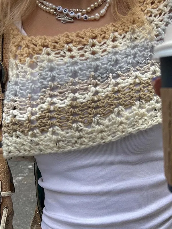 Brownm crop long sleeve crochet top with crochet pattern and stripes