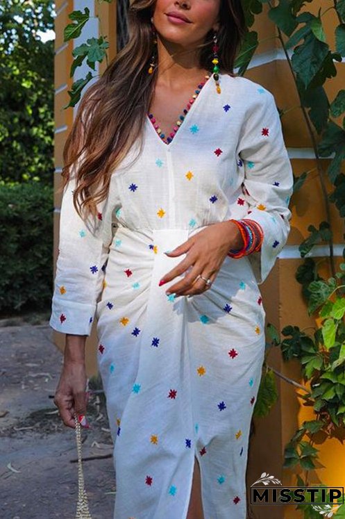 V Neck Waisted Slit Embroidery Midi Dress