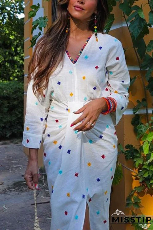 V Neck Waisted Slit Embroidery Midi Dress