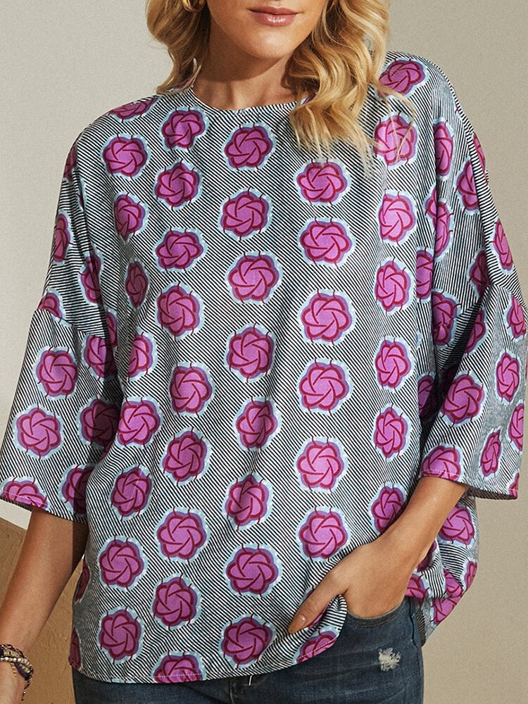 Vintage Flower Printed O neck Casual Blouse For Women P1724643