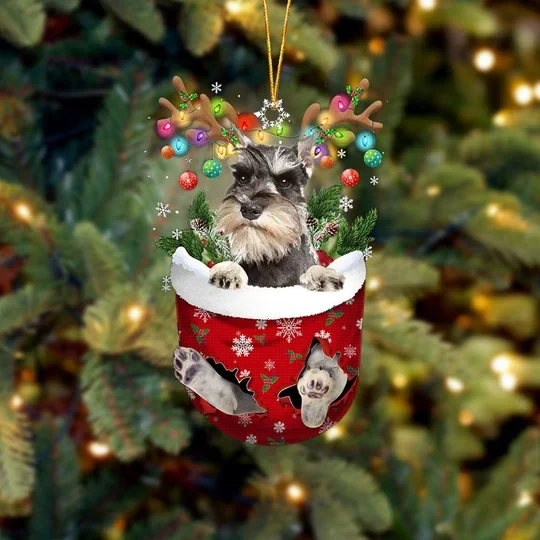 GREY Miniature Schnauzer In Snow Pocket Christmas Ornament trabladzer